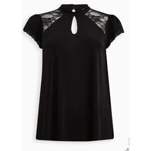 Torrid Sz 1 14/16 Black Crepe Mock Neck Lace Gothic Sexy Jersey Top NEW!!
